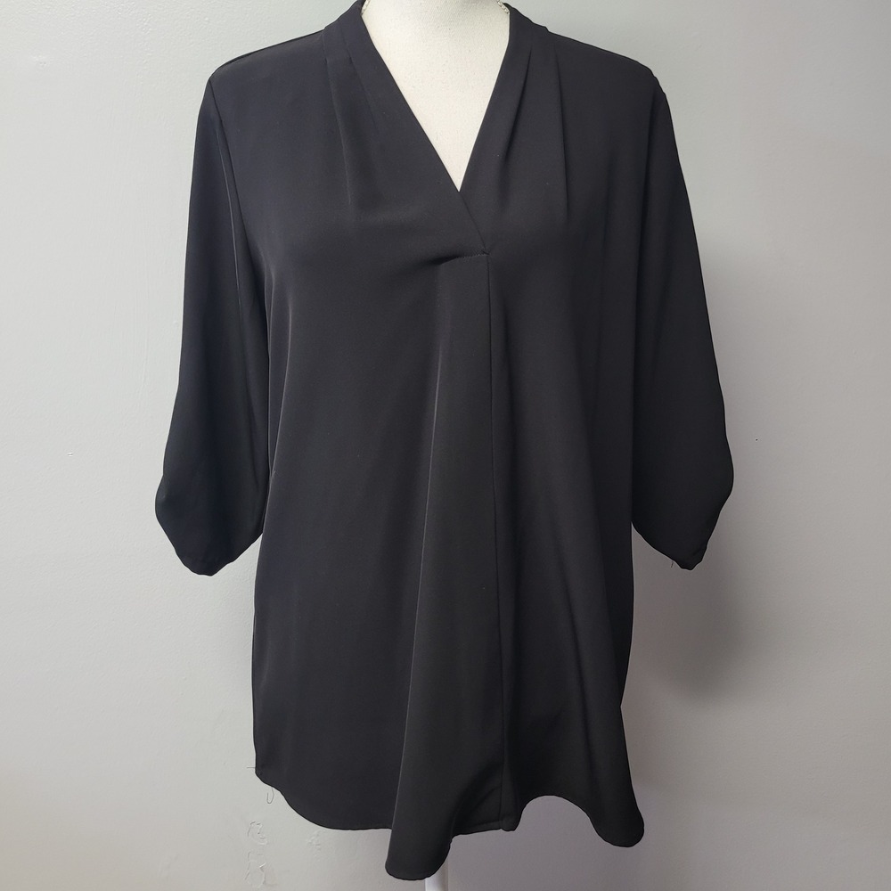 Calvin Klein Black V-Neck Roll Tab Sleeve Pleat Front Blouse M7NA500